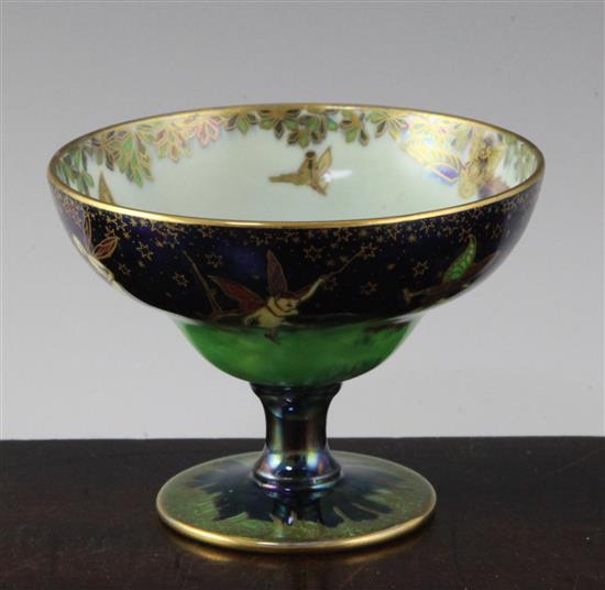 A Wedgwood Fairyland lustre Leap Frogging Elves pedestal bowl, designed by Daisy Makeig-Jones, height 3.2in.